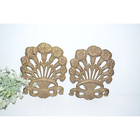 Vtg Art Nouveau Morning Glory Brass Wall Floral Ribbon French Style 2 pc pair Decor